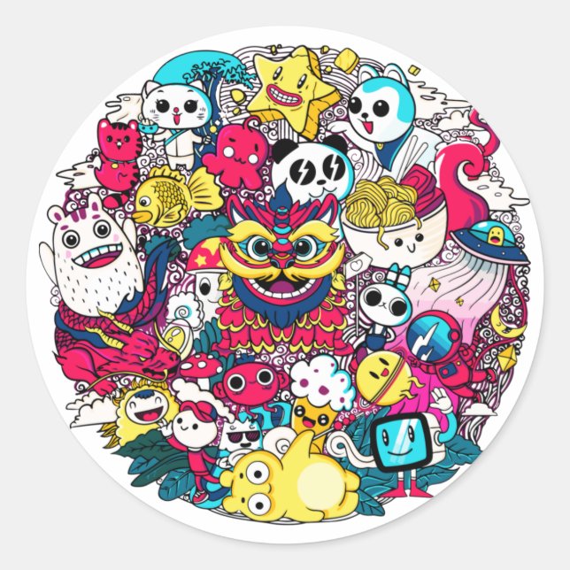 Japanese Doodle Art Classic Round Sticker (Front)