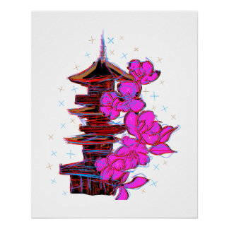 Japanese Doodle: The Serene Beauty of a Pagoda  Poster
