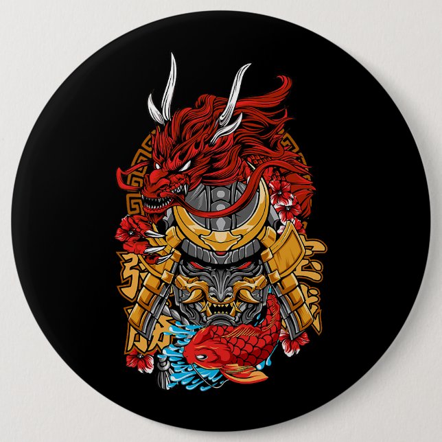 Japanese Dragon Cyberpunk Samurai Koi Fish Aesthet 6 Inch Round Button (Front)