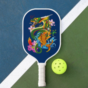 Japanese Dragon Koi Lotus Mythical Asian Blue Pickleball Paddle