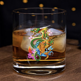 Japanese Dragon Koi Lotus Mythical Asian Blue Whiskey Glass
