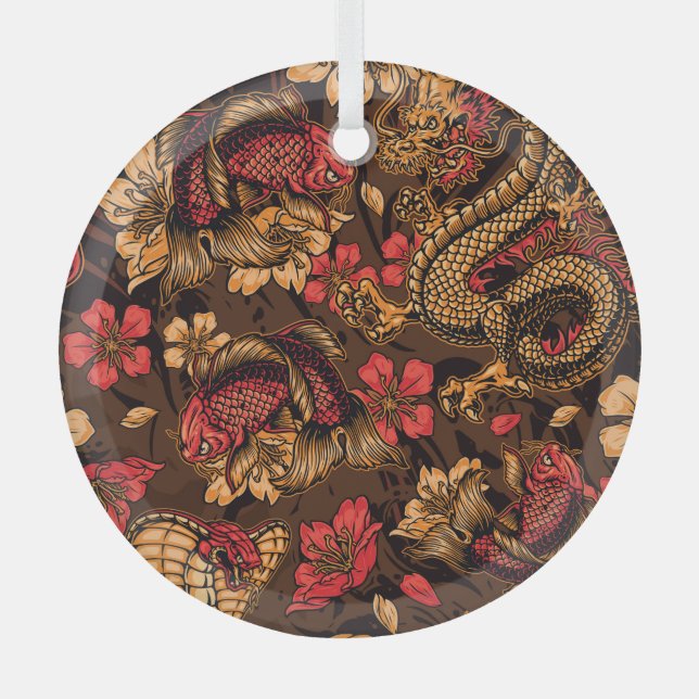 Japanese dragon koi pattern. glass ornament (Front)
