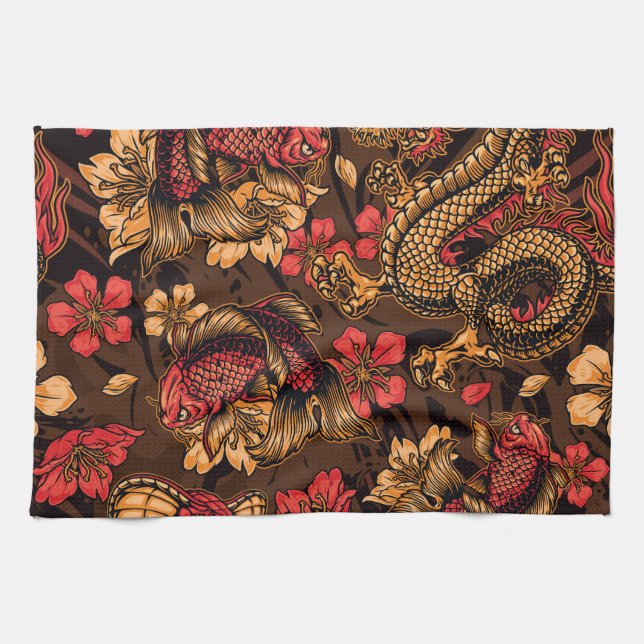 Japanese dragon koi pattern. kitchen towel (Horizontal)