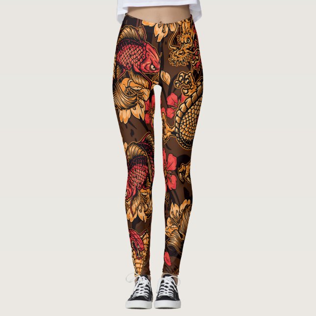 Japanese dragon koi pattern. leggings (Front)