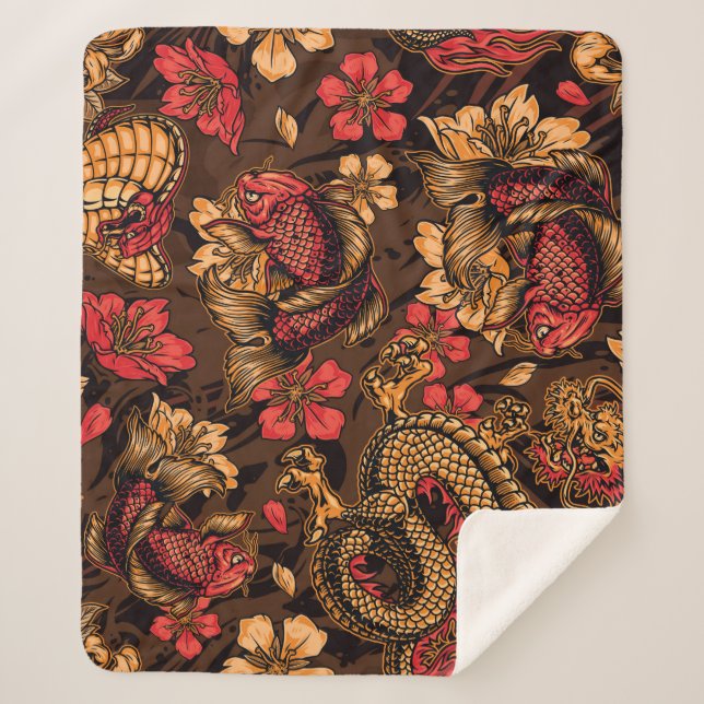 Japanese dragon koi pattern. sherpa blanket (Front)