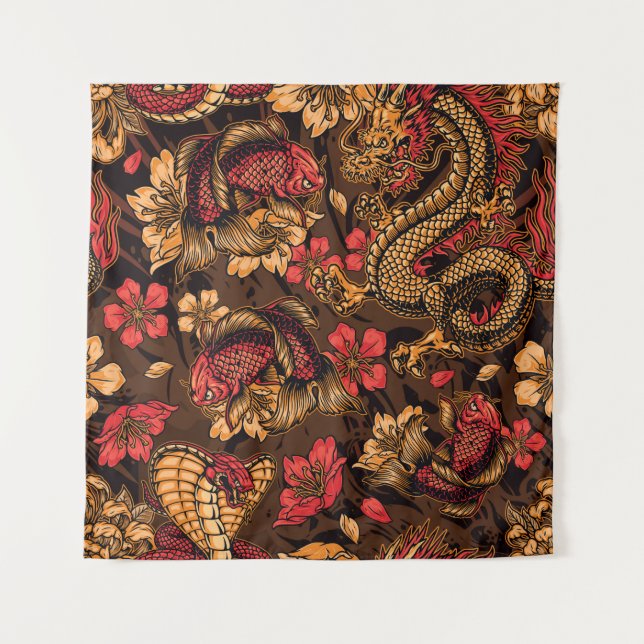 Japanese dragon koi pattern. tapestry (Front)