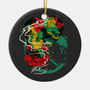 Japanese Dragon Peony Traditional Tattoo Art Ceramic Ornament