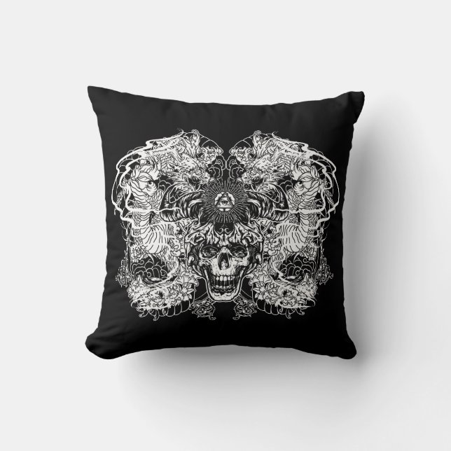 Japanese Dragon Skull Tattoo Throw Pillow (Front)
