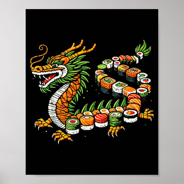 Japanese Dragon Sushi Funny Japanese Food Art Men  Poster (Front)