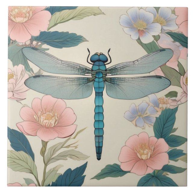 Japanese Dragonfly Art Pastel Green & Pink Floral Tile (Front)