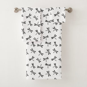 Japanese Dragonfly Pattern, Black and White Bath Towel Set