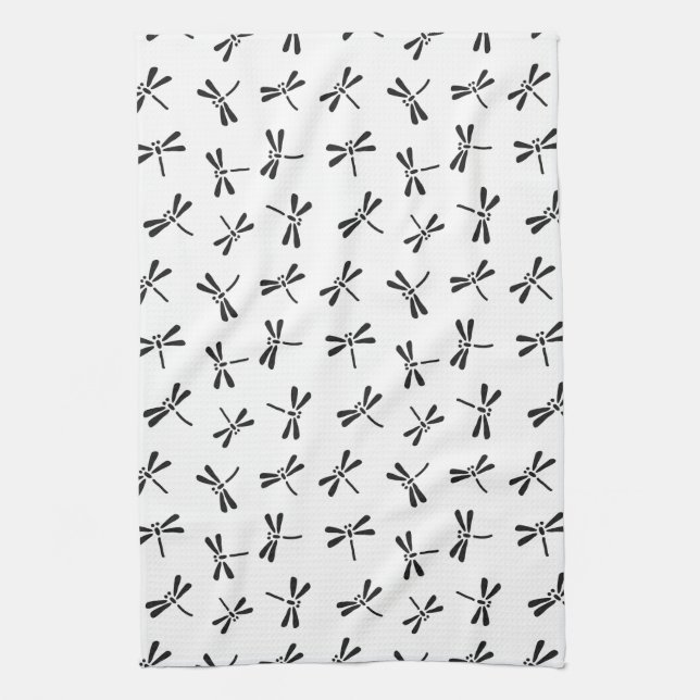 Japanese Dragonfly Pattern, Black and White Kitchen Towel (Vertical)