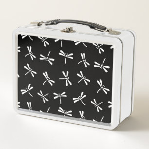 Japanese Dragonfly Pattern, Black and White Metal Lunch Box