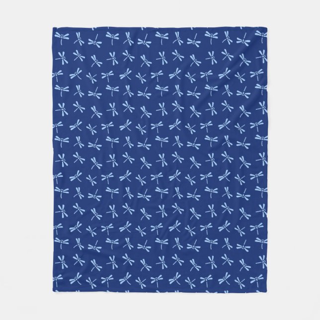 Japanese Dragonfly Pattern, Cobalt and Sky Blue Fleece Blanket (Front)