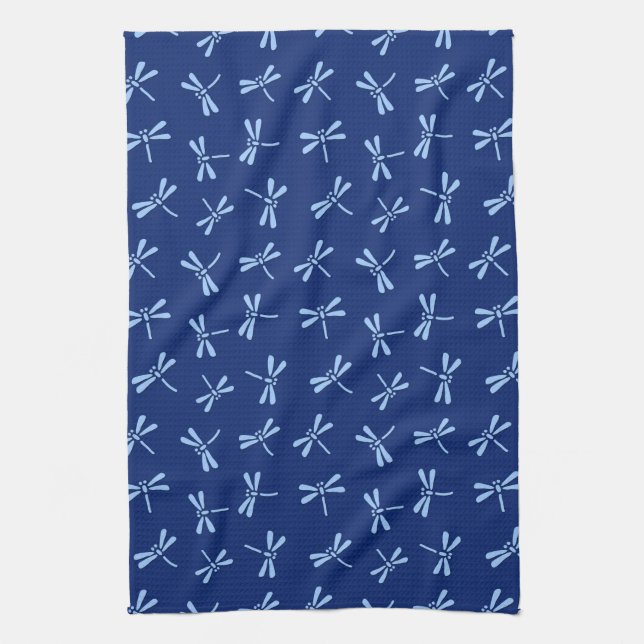 Japanese Dragonfly Pattern, Cobalt and Sky Blue Kitchen Towel (Vertical)