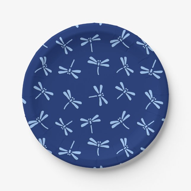 Japanese Dragonfly Pattern, Cobalt and Sky Blue Paper Plate (Front)