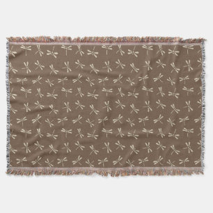 Japanese Dragonfly Pattern, Cream and Taupe Tan Throw Blanket