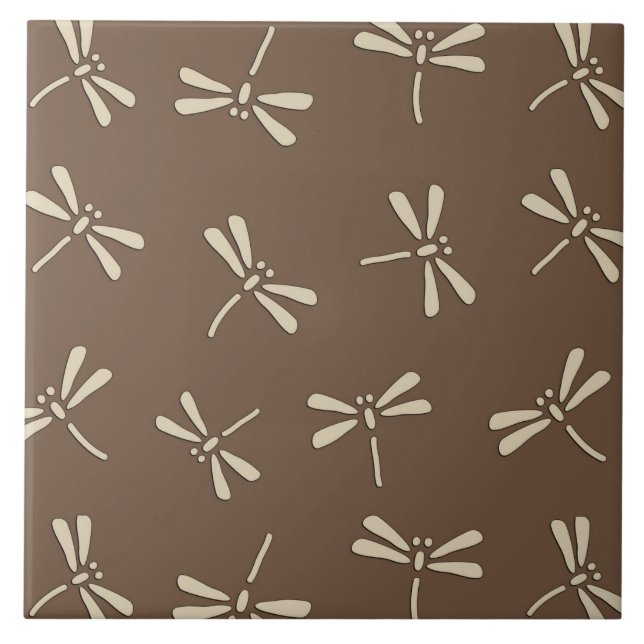 Japanese Dragonfly Pattern, Cream and Taupe Tan Tile (Front)