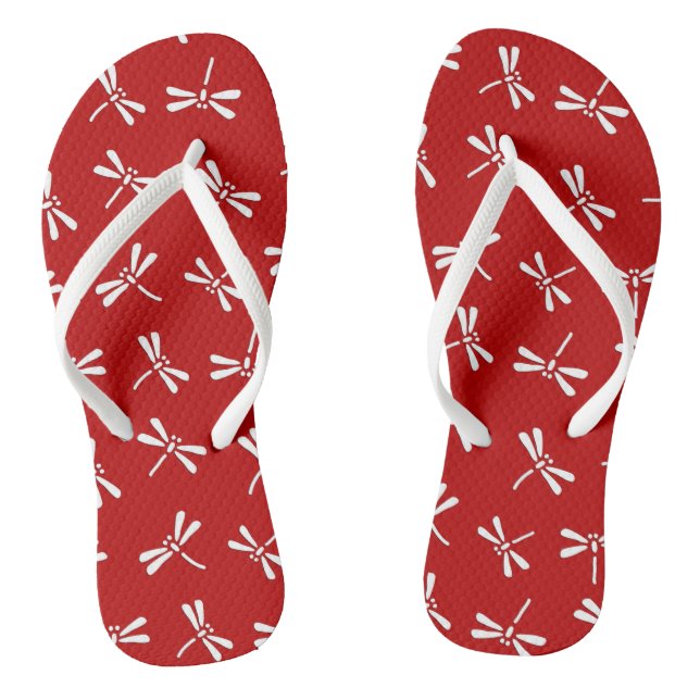 Japanese Dragonfly Pattern, Deep Red and White Flip Flops (Footbed)