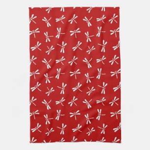 Japanese Dragonfly Pattern, Deep Red and White Kitchen Towel