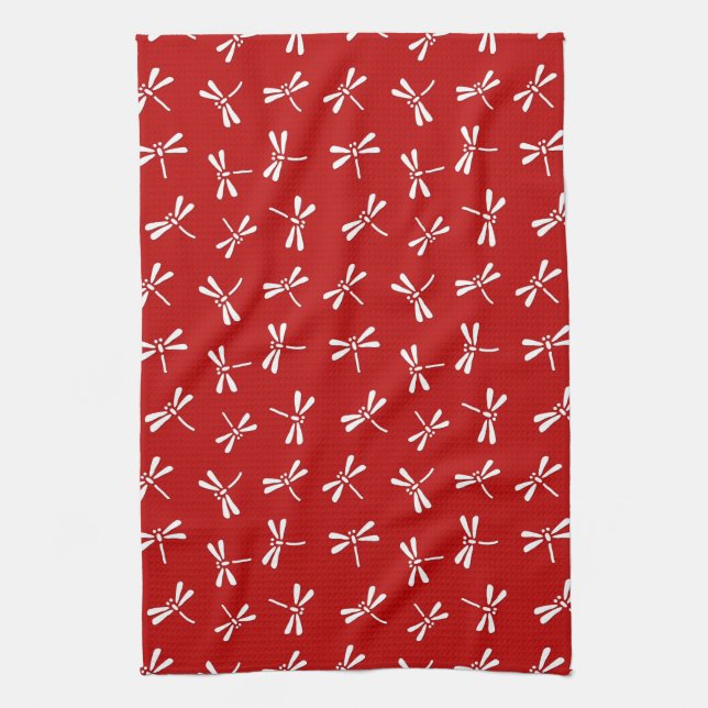 Japanese Dragonfly Pattern, Deep Red and White Kitchen Towel (Vertical)