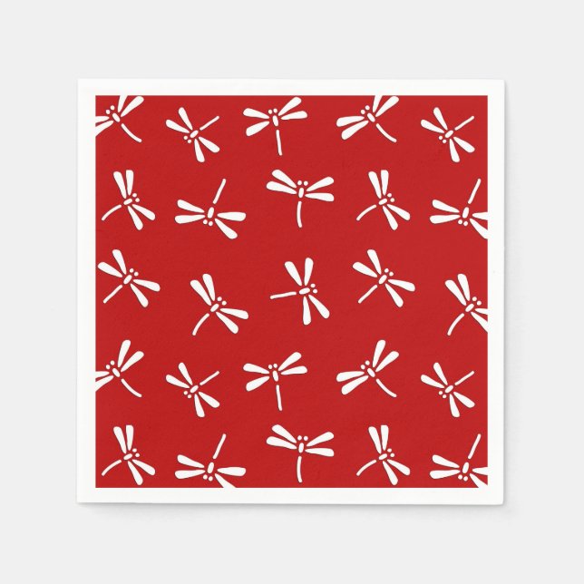 Japanese Dragonfly Pattern, Deep Red and White Napkin (Front)