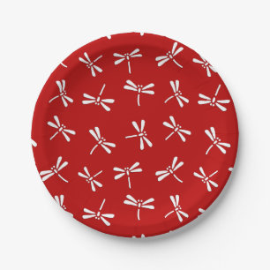 Japanese Dragonfly Pattern, Deep Red and White Paper Plate