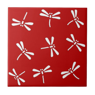 Japanese Dragonfly Pattern, Deep Red and White Tile