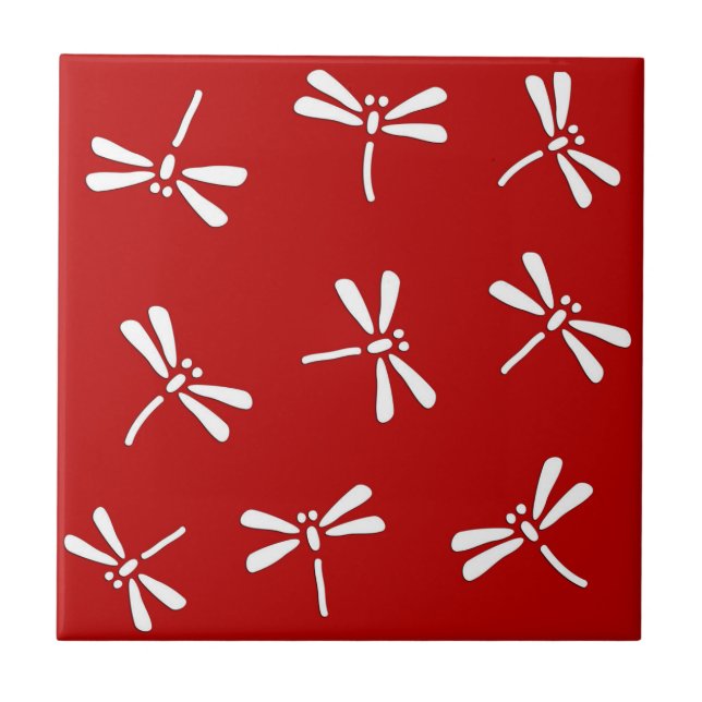 Japanese Dragonfly Pattern, Deep Red and White Tile (Front)
