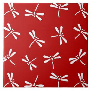 Japanese Dragonfly Pattern, Deep Red and White Tile
