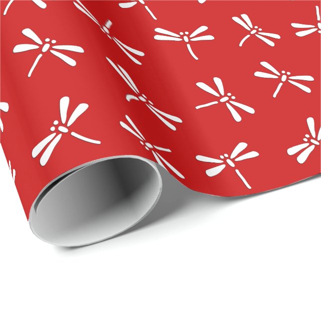 Japanese Dragonfly Pattern, Deep Red and White Wrapping Paper (Roll Corner)