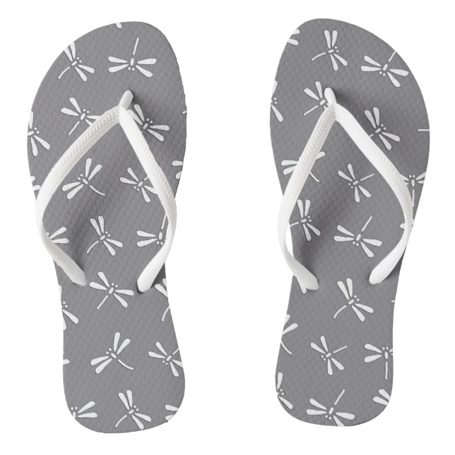 Japanese Dragonfly Pattern, Grey / Grey and White Flip Flops (Footbed)