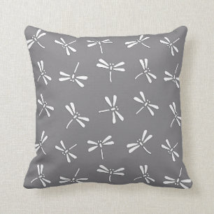 Japanese Dragonfly Pattern, Grey / Grey and White Throw Pillow