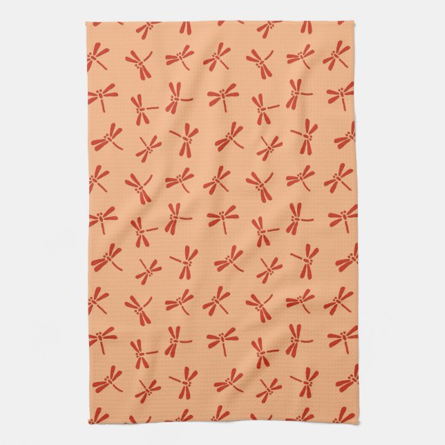 Japanese Dragonfly Pattern, Mandarin Orange Kitchen Towel (Vertical)