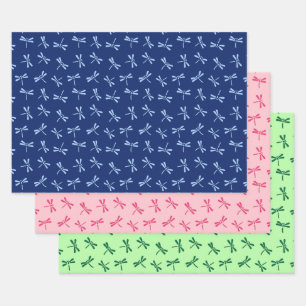 Japanese Dragonfly Pattern, Navy. Coral, Green Wrapping Paper Sheet