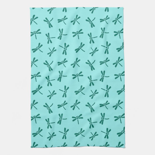 Japanese Dragonfly Pattern, Turquoise and Aqua Kitchen Towel (Vertical)