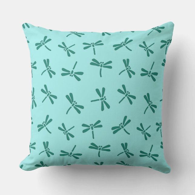 Japanese Dragonfly Pattern, Turquoise and Aqua Throw Pillow (Front)