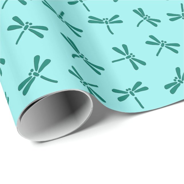 Japanese Dragonfly Pattern, Turquoise and Aqua Wrapping Paper (Roll Corner)
