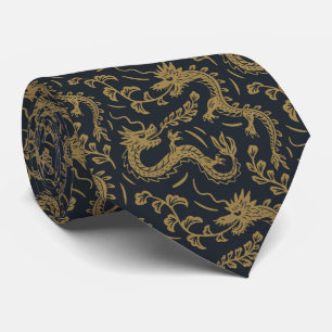 Japanese dragons block print black and golden tie