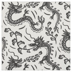 Japanese dragons block print black and white fabric
