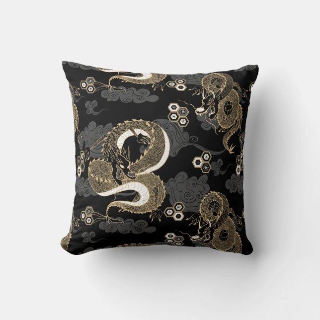 Japanese Dragons Pattern Black and Gold Throw Pillow (Front)
