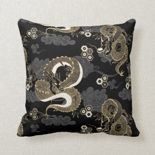 Japanese Dragons Pattern Black and Gold Throw Pillow