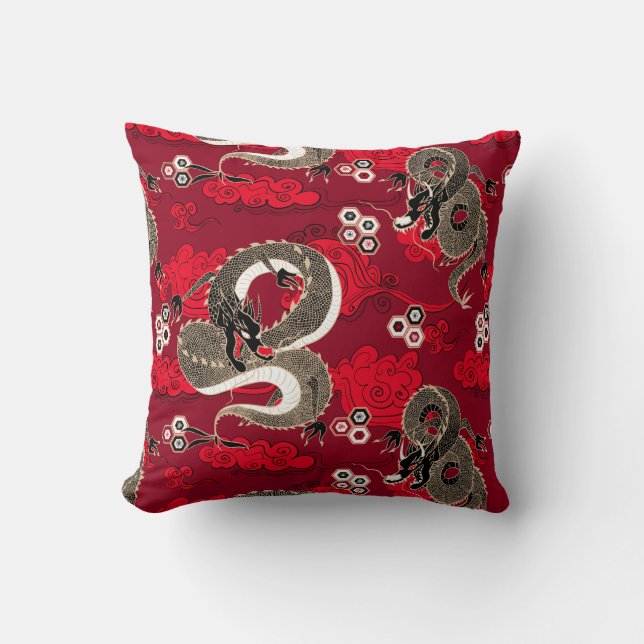 Japanese Dragons Pattern Red and Gold Throw Pillow (Front)