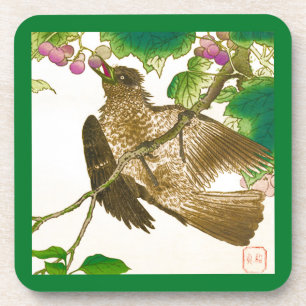 Japanese Drawing of Jay on a Grape Vine Coaster