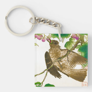 Japanese Drawing of Jay on a Grape Vine Keychain