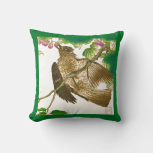 Japanese Drawing of Jay on a Grape Vine Throw Pillow