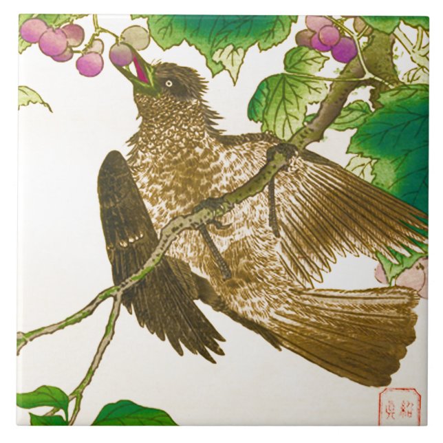 Japanese Drawing of Jay on a Grape Vine Tile (Front)