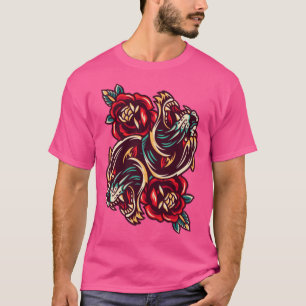 Japanese Duel Tigers Flowers Tattoo Art Style T-Shirt