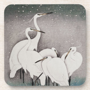 Japanese Egrets Cranes Bird Winter Snow Art Coaster