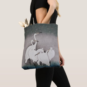 Japanese Egrets Cranes Bird Winter Snow Art Tote Bag